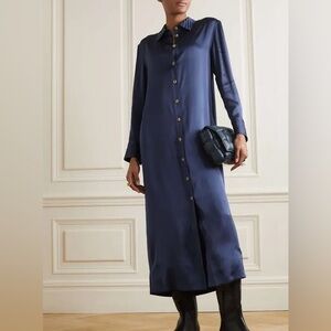 LouLou Studio Ara Navy Satin Maxi Shirt Dress Long Sleeve Minimalist Sz M